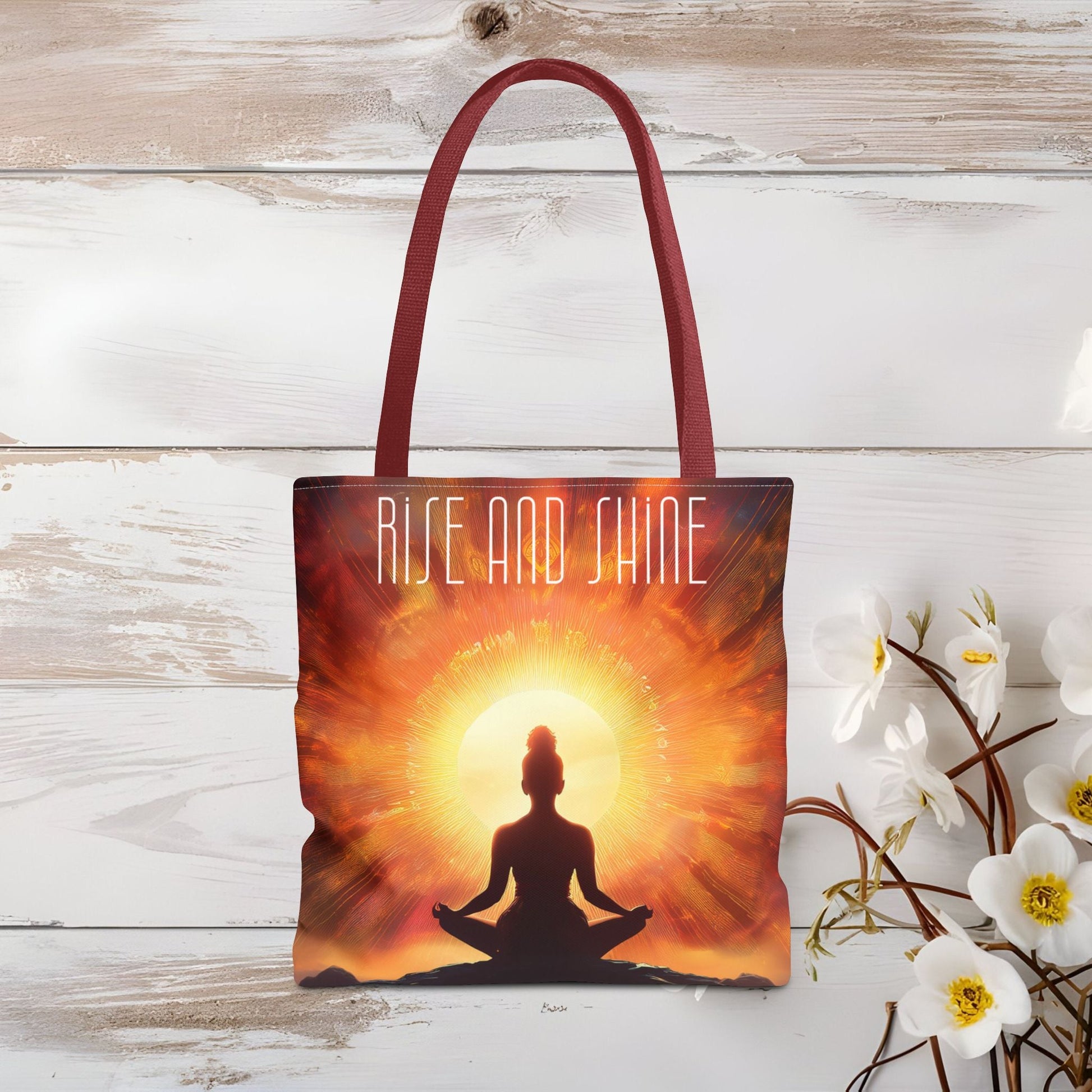 Meditation Tote Bag - Serene Silhouette with 'RISE AND SHINE' Quote - EternalAscension