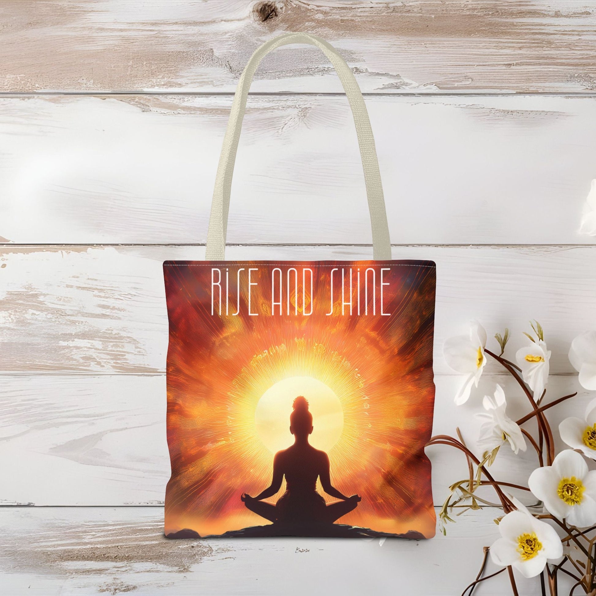 Meditation Tote Bag - Serene Silhouette with 'RISE AND SHINE' Quote - EternalAscension