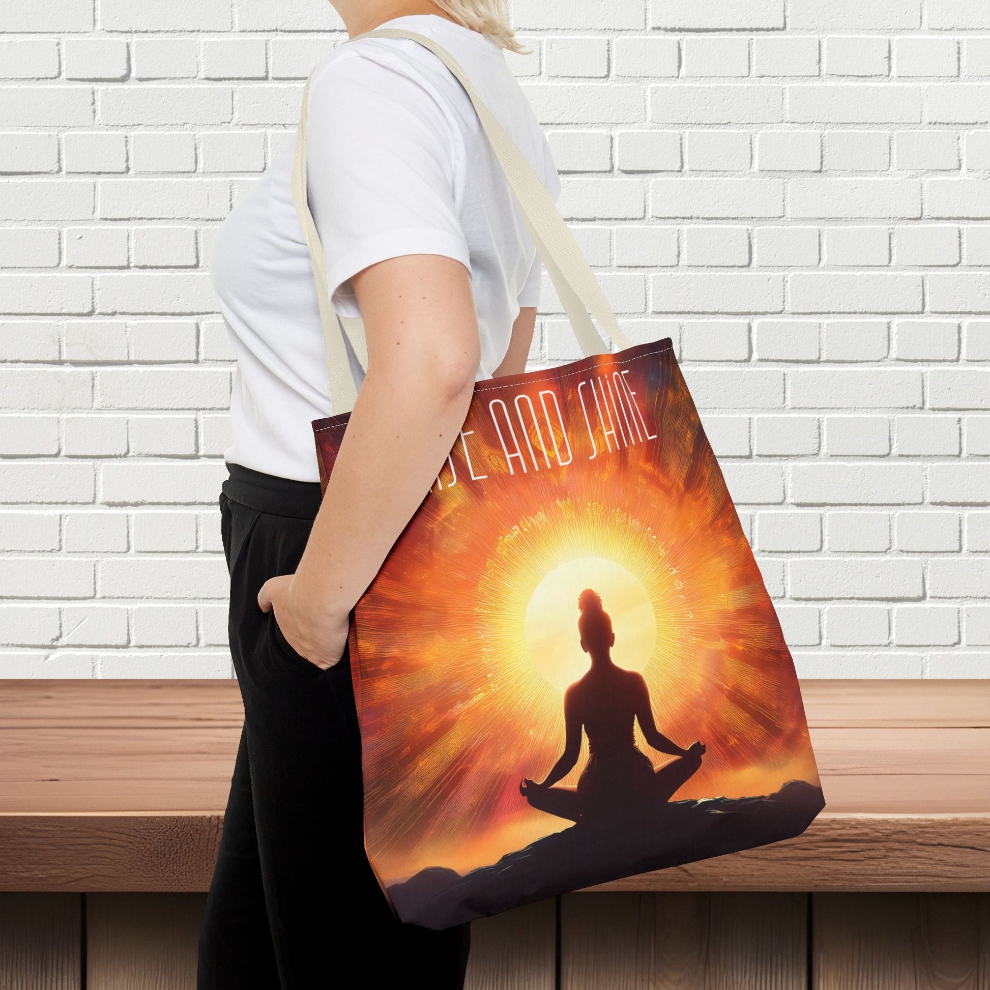 Meditation Tote Bag - Serene Silhouette with 'RISE AND SHINE' Quote - EternalAscension