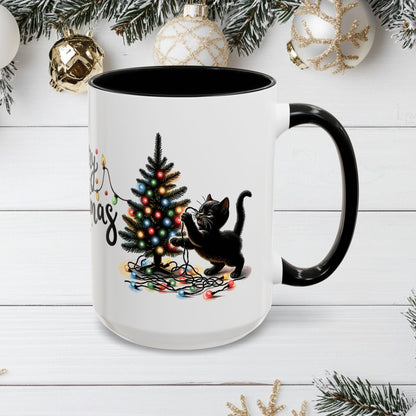 Merry Christmas Coffee Mug, Festive Holiday Cup with Black Cats and Christmas Lights, 11oz, 15oz, Christmas Gift, Hot Cocoa Mug, Symmetrical - EternalAscension