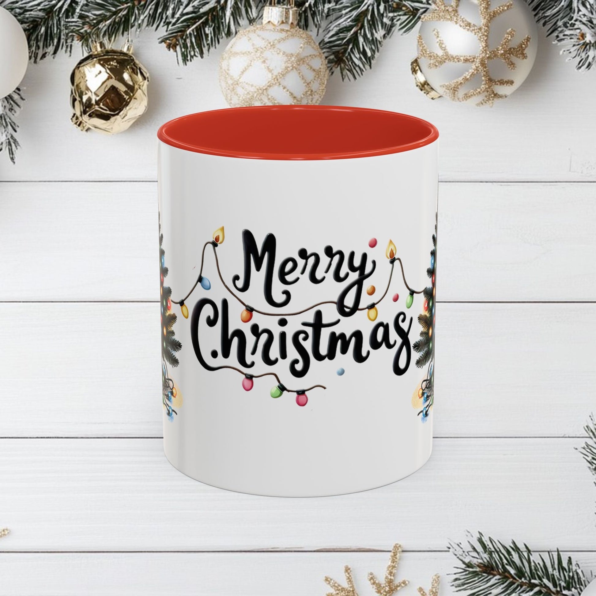 Merry Christmas Coffee Mug, Festive Holiday Cup with Black Cats and Christmas Lights, 11oz, 15oz, Christmas Gift, Hot Cocoa Mug, Symmetrical - EternalAscension