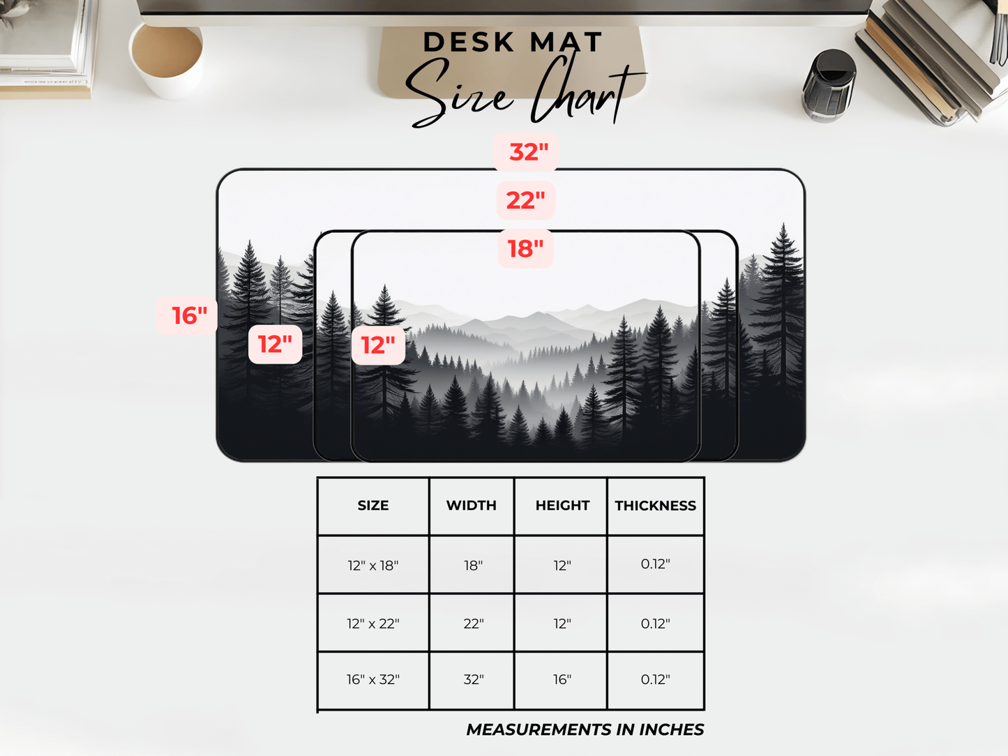Monochrome Pine Forest Desk Mat | Mountain Mist Landscape - EternalAscension