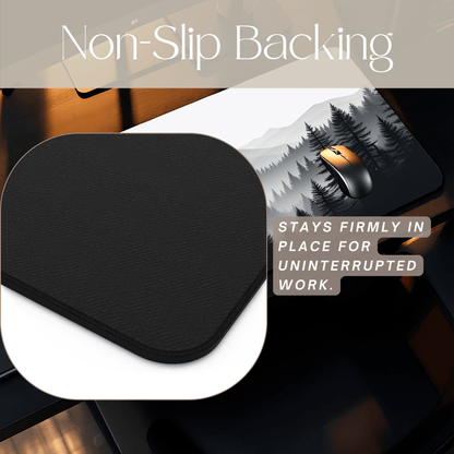 Monochrome Pine Forest Desk Mat | Mountain Mist Landscape - EternalAscension