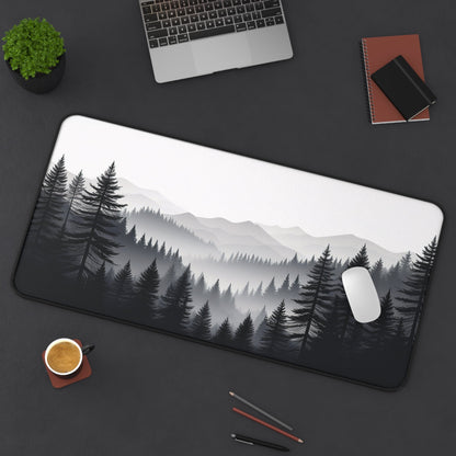 Monochrome Pine Forest Desk Mat | Mountain Mist Landscape - EternalAscension