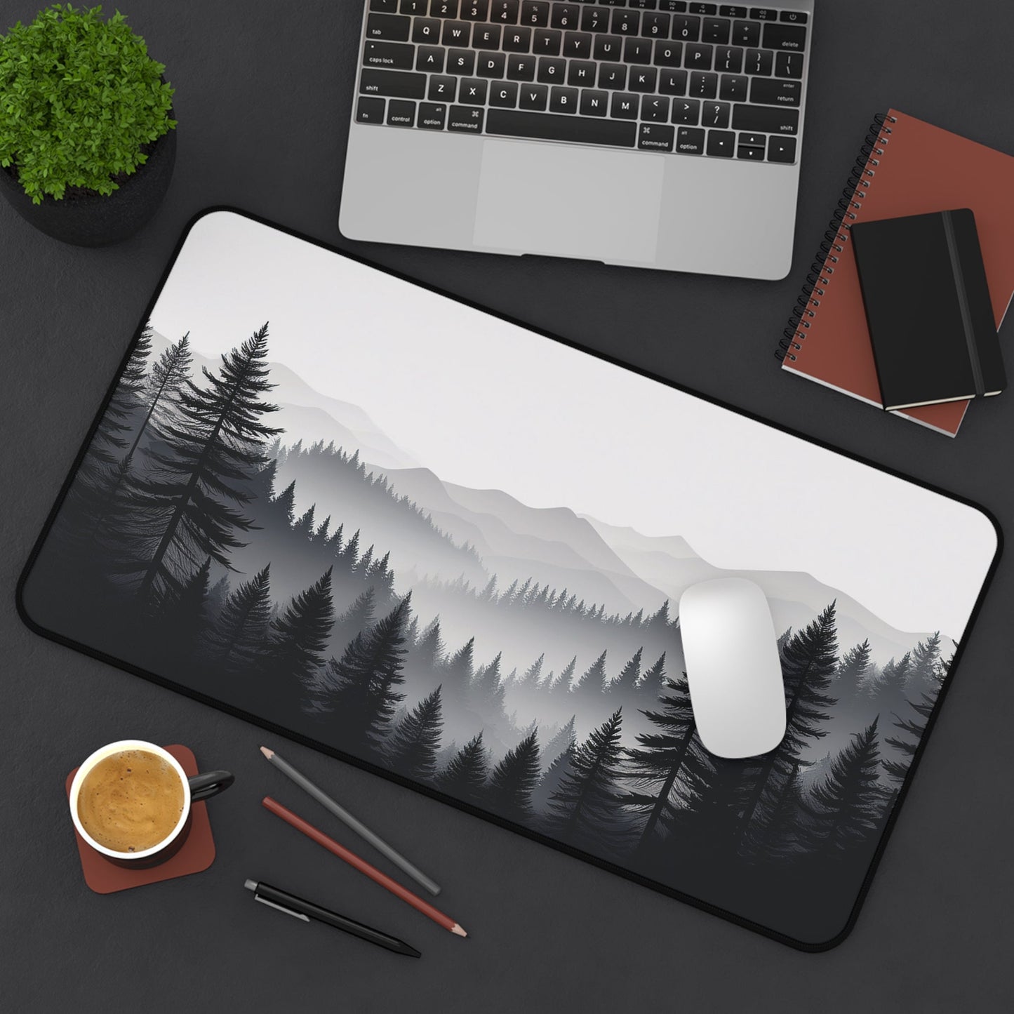 Monochrome Pine Forest Desk Mat | Mountain Mist Landscape - EternalAscension