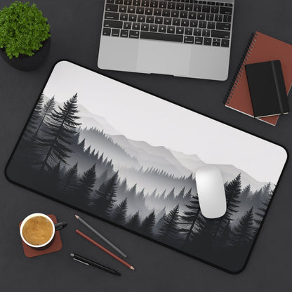 Monochrome Pine Forest Desk Mat | Mountain Mist Landscape - EternalAscension
