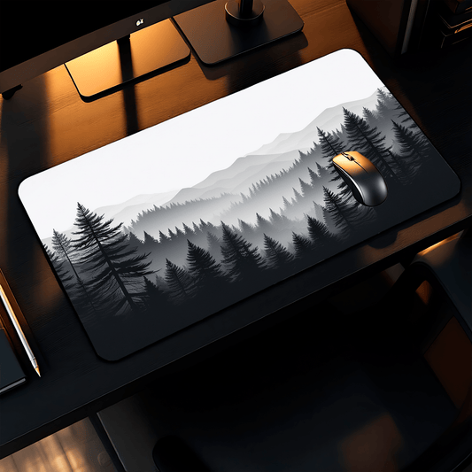 Monochrome Pine Forest Desk Mat | Mountain Mist Landscape - EternalAscension