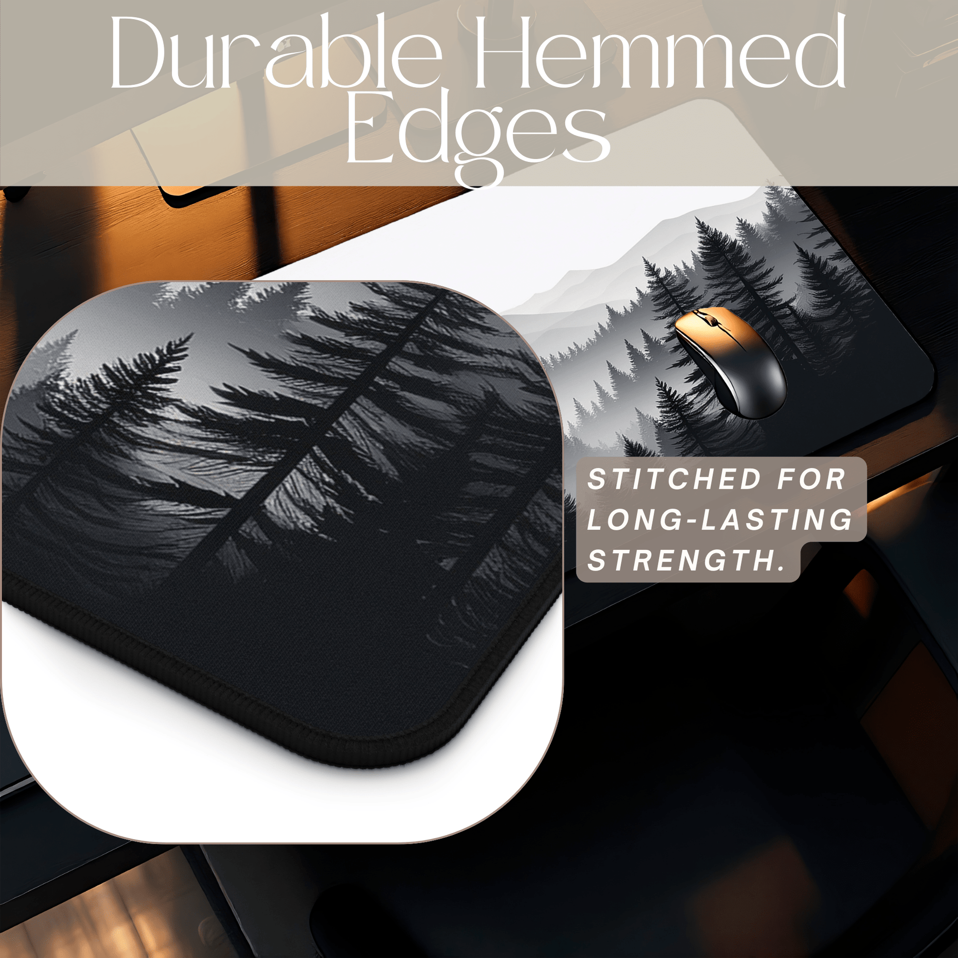 Monochrome Pine Forest Desk Mat | Mountain Mist Landscape - EternalAscension