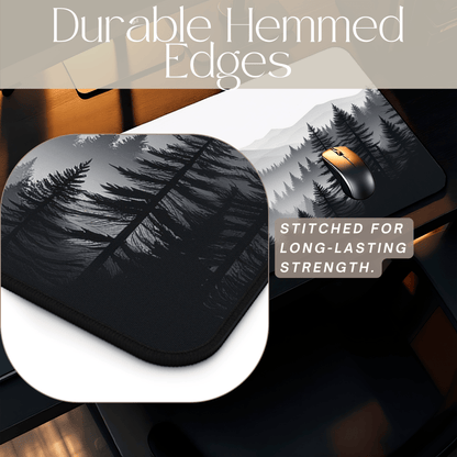 Monochrome Pine Forest Desk Mat | Mountain Mist Landscape - EternalAscension