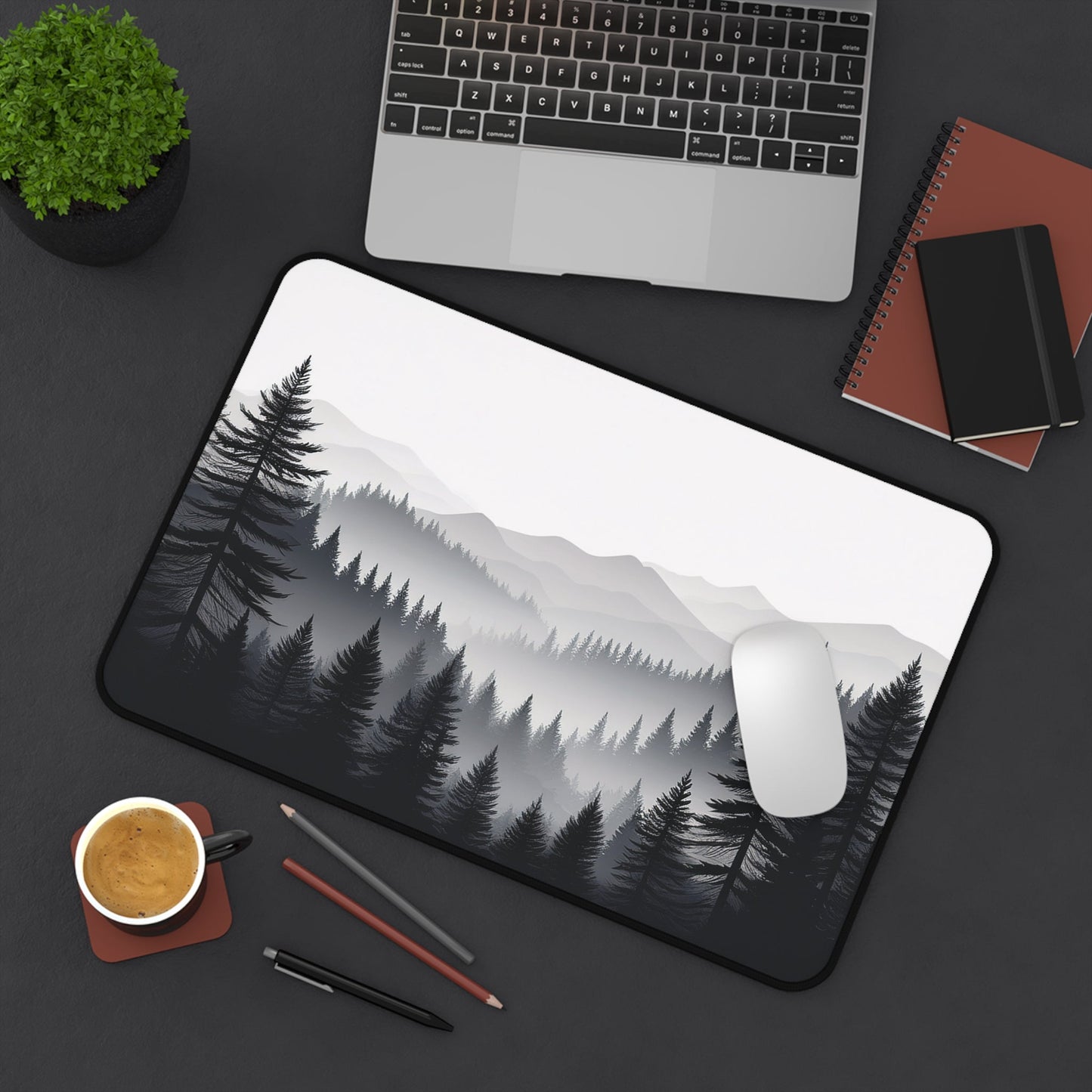 Monochrome Pine Forest Desk Mat | Mountain Mist Landscape - EternalAscension