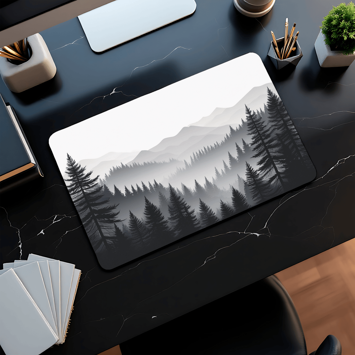 Monochrome Pine Forest Desk Mat | Mountain Mist Landscape - EternalAscension