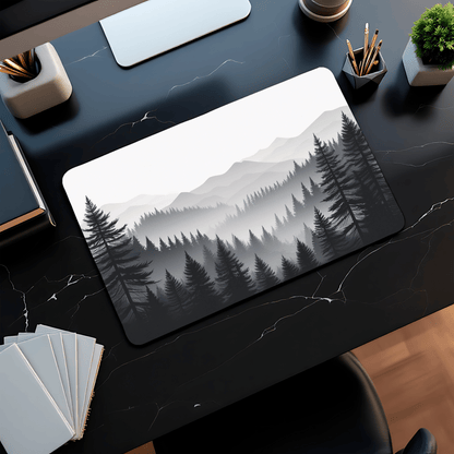 Monochrome Pine Forest Desk Mat | Mountain Mist Landscape - EternalAscension
