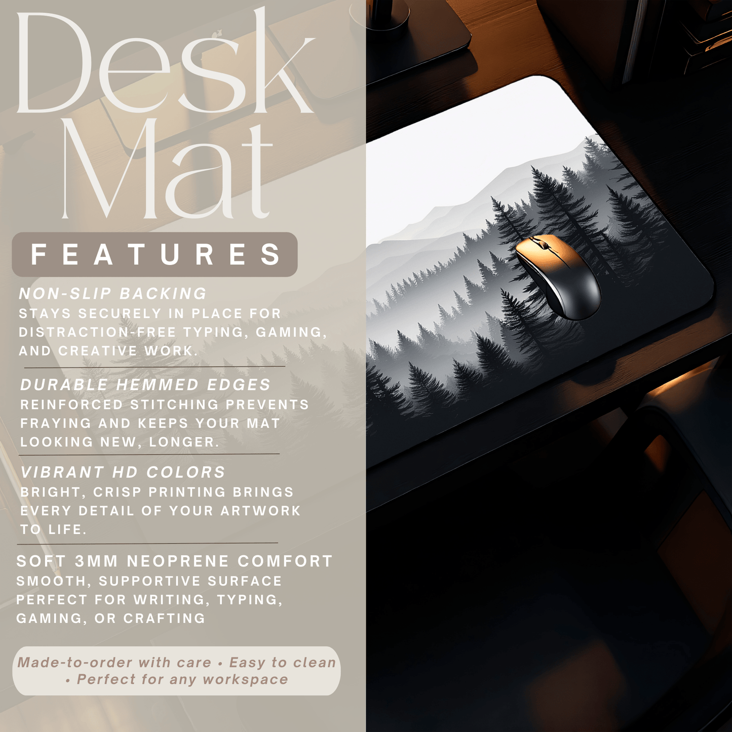 Monochrome Pine Forest Desk Mat | Mountain Mist Landscape - EternalAscension