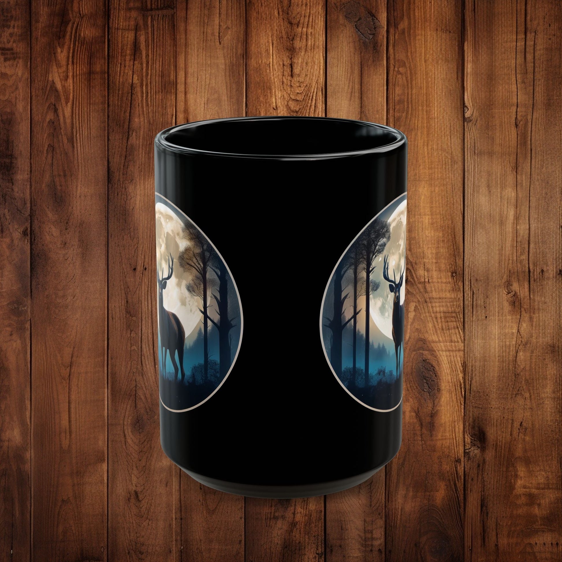 Moonlit Stag Black Mug, Wilderness Nature Lover Coffee Tea Cup, 11oz 15oz, Customizable Ceramic Mug, Gift for Outdoors Enthusiast - EternalAscension