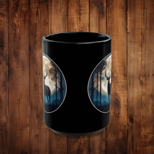 Moonlit Stag Black Mug, Wilderness Nature Lover Coffee Tea Cup, 11oz 15oz, Customizable Ceramic Mug, Gift for Outdoors Enthusiast - EternalAscension