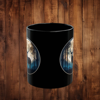 Moonlit Stag Black Mug, Wilderness Nature Lover Coffee Tea Cup, 11oz 15oz, Customizable Ceramic Mug, Gift for Outdoors Enthusiast - EternalAscension