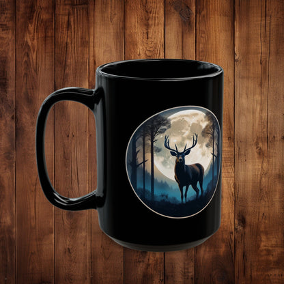 Moonlit Stag Black Mug, Wilderness Nature Lover Coffee Tea Cup, 11oz 15oz, Customizable Ceramic Mug, Gift for Outdoors Enthusiast - EternalAscension