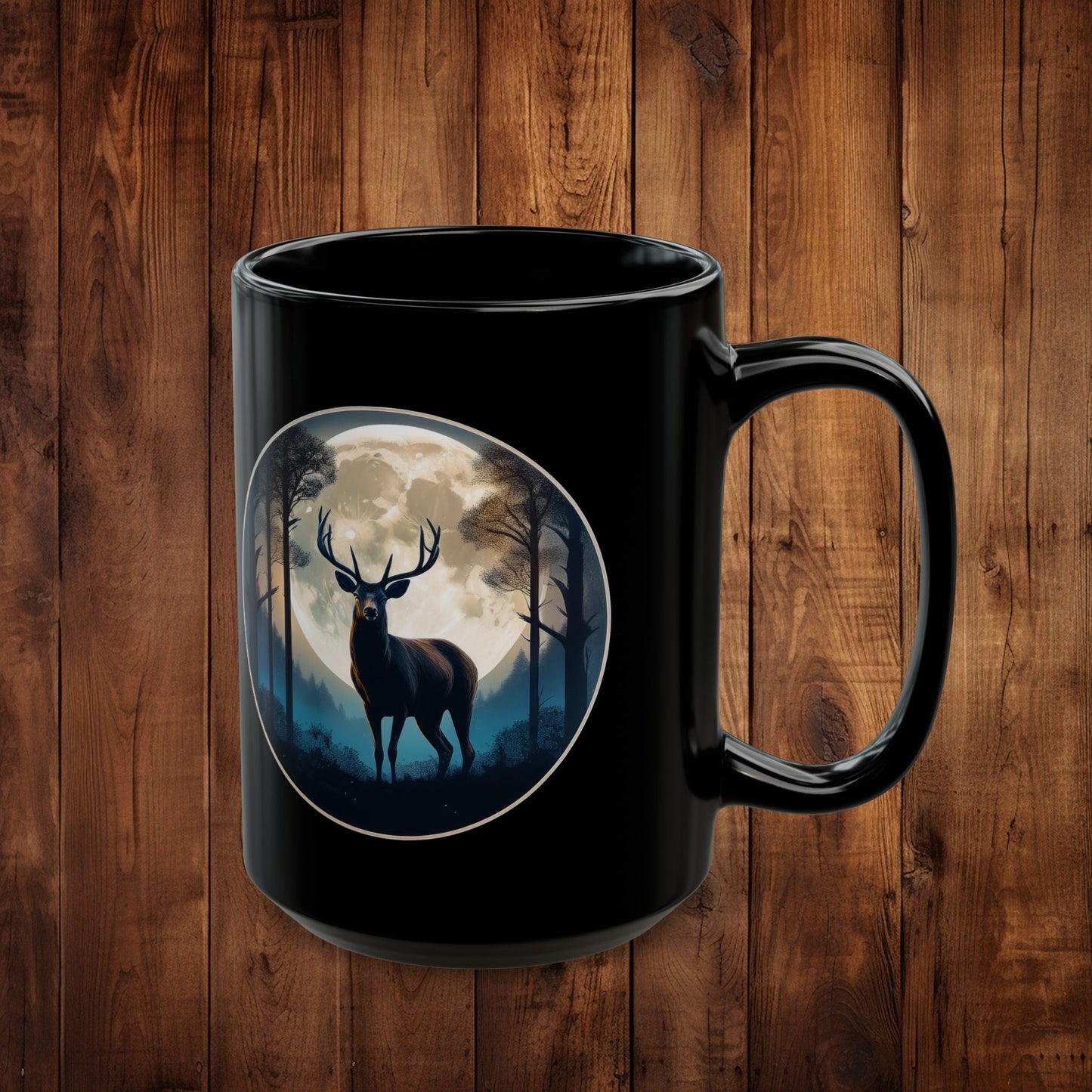 Moonlit Stag Black Mug, Wilderness Nature Lover Coffee Tea Cup, 11oz 15oz, Customizable Ceramic Mug, Gift for Outdoors Enthusiast - EternalAscension