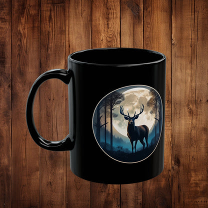 Moonlit Stag Black Mug, Wilderness Nature Lover Coffee Tea Cup, 11oz 15oz, Customizable Ceramic Mug, Gift for Outdoors Enthusiast - EternalAscension
