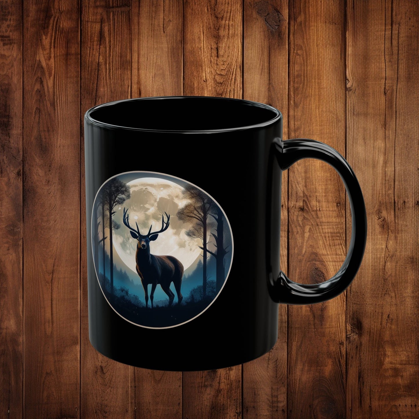 Moonlit Stag Black Mug, Wilderness Nature Lover Coffee Tea Cup, 11oz 15oz, Customizable Ceramic Mug, Gift for Outdoors Enthusiast - EternalAscension