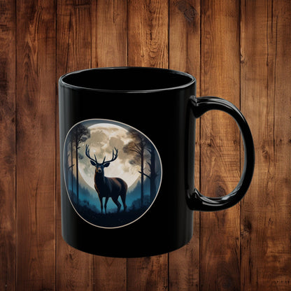 Moonlit Stag Black Mug, Wilderness Nature Lover Coffee Tea Cup, 11oz 15oz, Customizable Ceramic Mug, Gift for Outdoors Enthusiast - EternalAscension