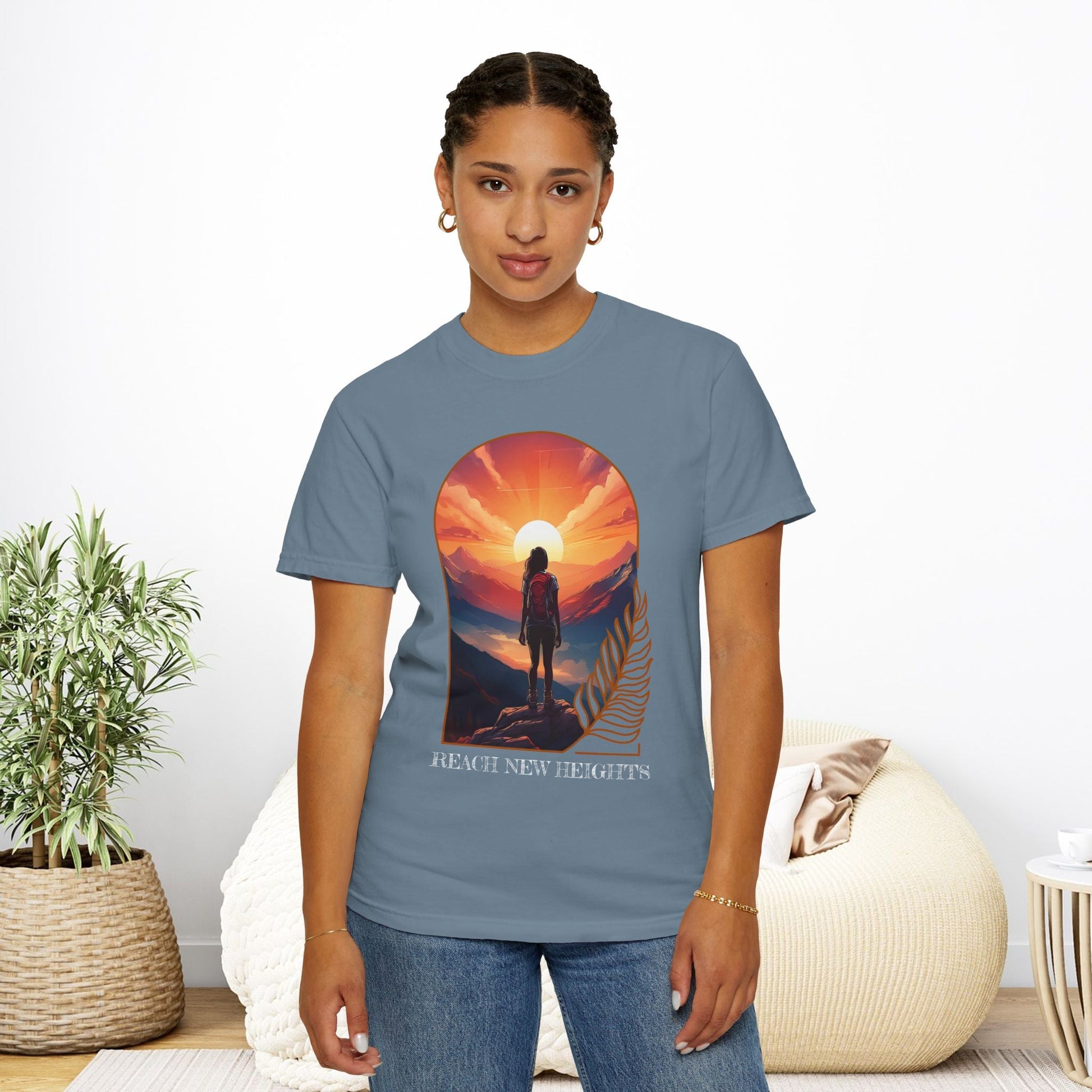 Mountain Explorer Graphic T-shirt, Adventure Nature Lover Tee, Reach New Heights Blue Shirt, Unisex Hiking Apparel, Outdoor Enthusiast Gift, - EternalAscension