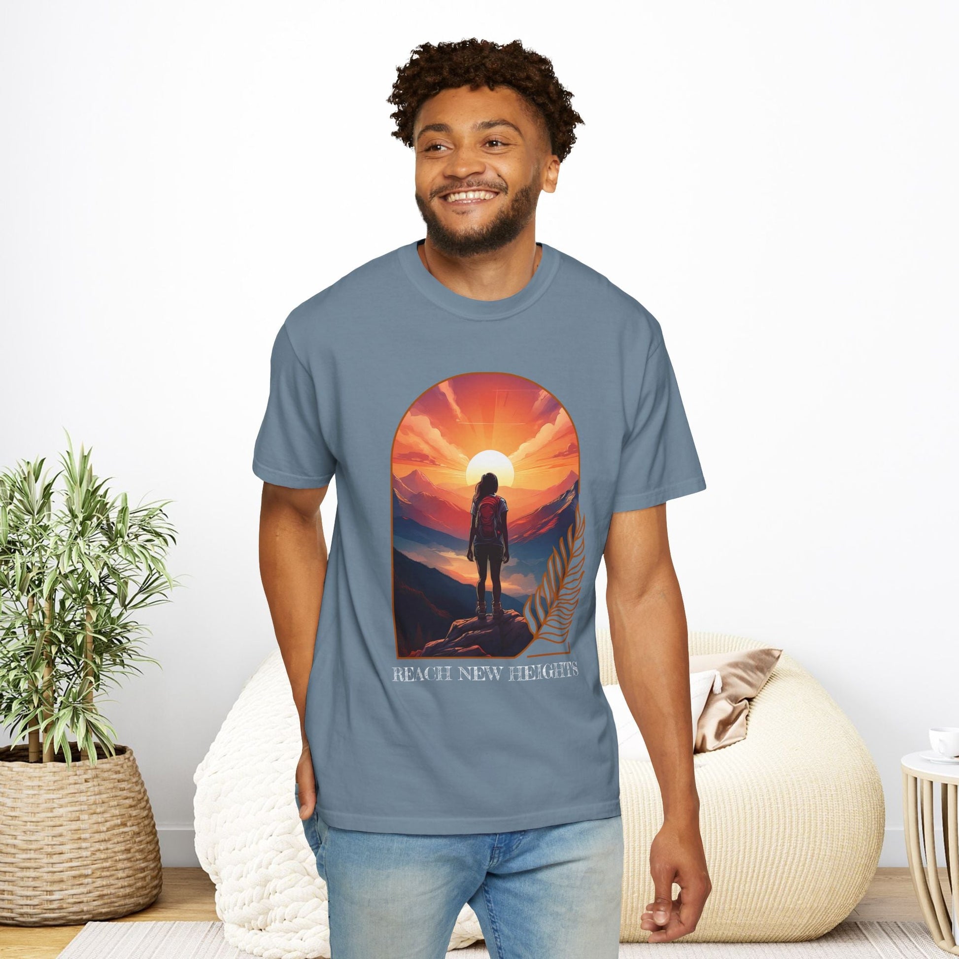 Mountain Explorer Graphic T-shirt, Adventure Nature Lover Tee, Reach New Heights Blue Shirt, Unisex Hiking Apparel, Outdoor Enthusiast Gift, - EternalAscension