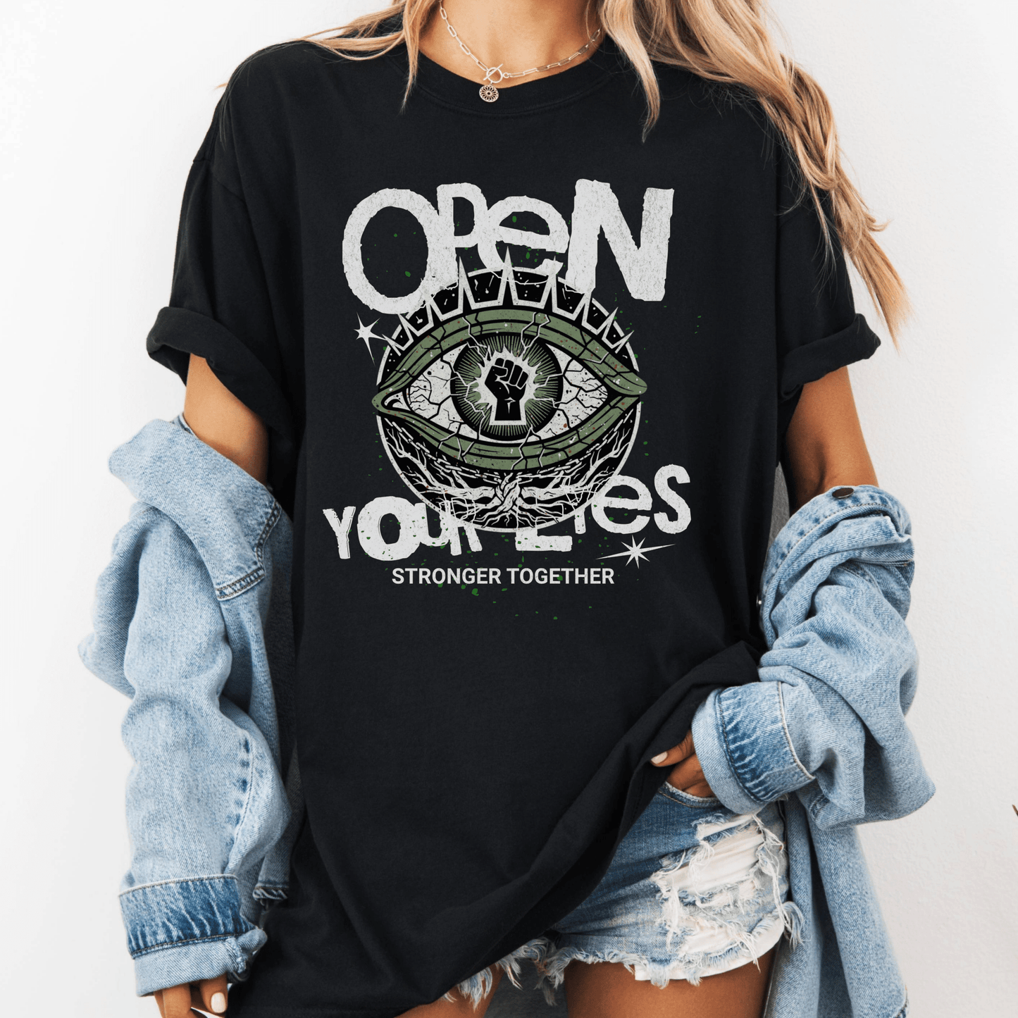 Open Your Eyes eye graphic T-shirt | Stronger Together statement tee - EternalAscension