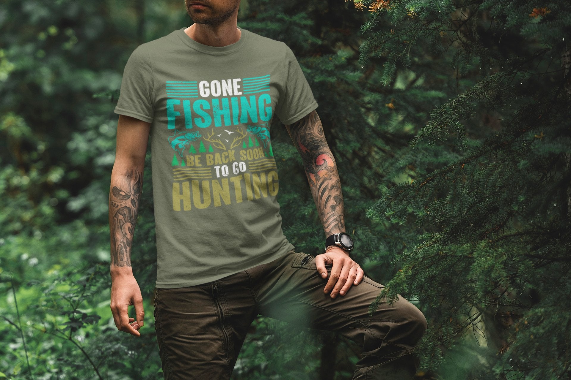 Outdoor Adventure Unisex Tee, Fishing and Hunting Theme Shirt, Vintage Style Cotton Top, Distressed Design Tee, Unisex Heavy Cotton Tee for - EternalAscension