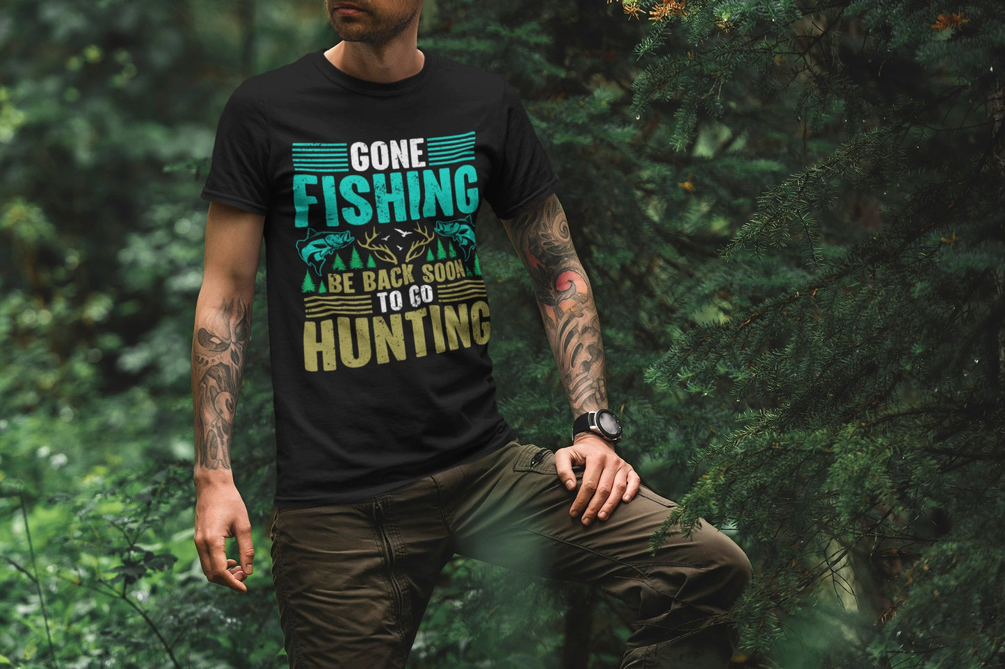 Outdoor Adventure Unisex Tee, Fishing and Hunting Theme Shirt, Vintage Style Cotton Top, Distressed Design Tee, Unisex Heavy Cotton Tee for - EternalAscension