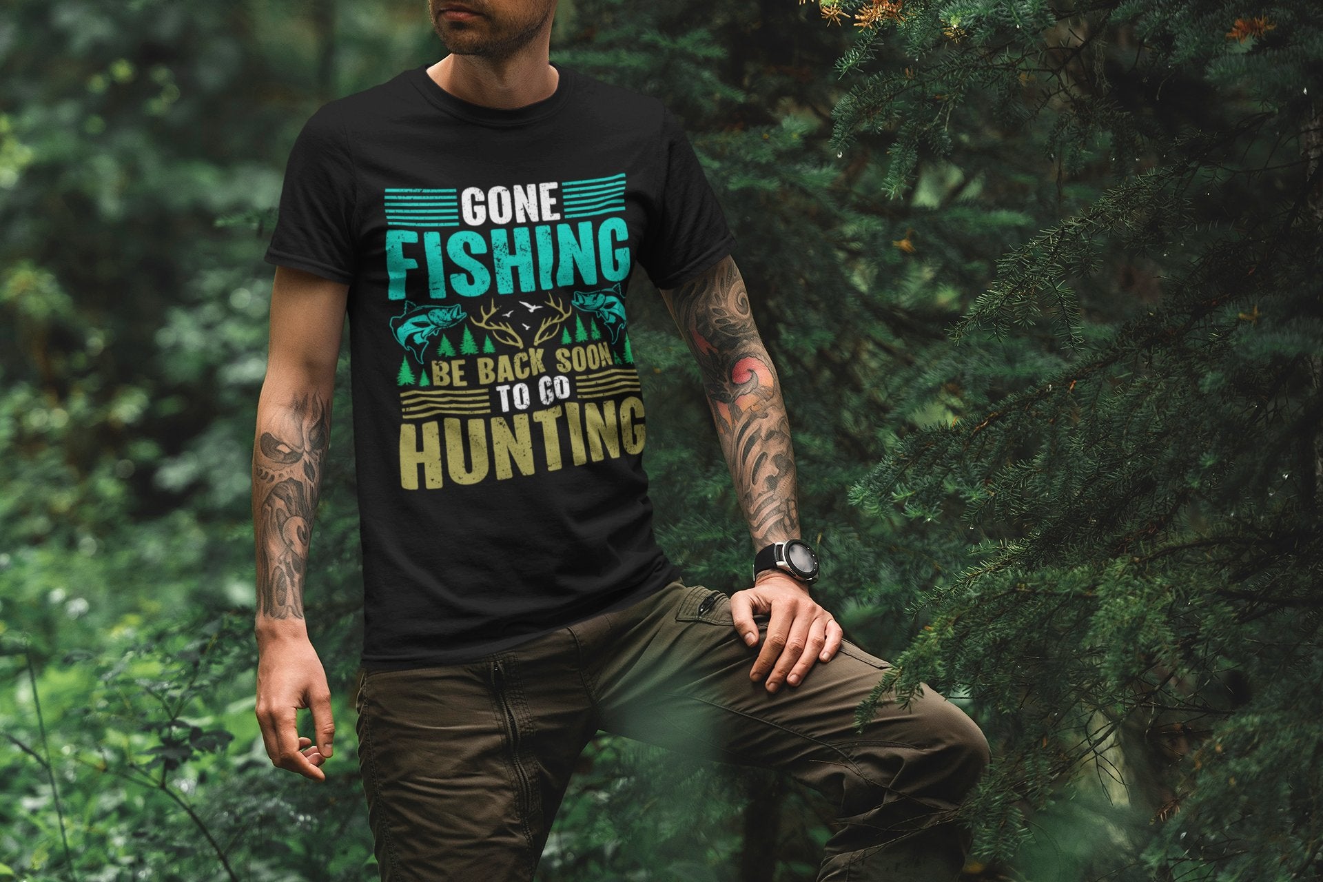 Outdoor Adventure Unisex Tee, Fishing and Hunting Theme Shirt, Vintage Style Cotton Top, Distressed Design Tee, Unisex Heavy Cotton Tee for - EternalAscension