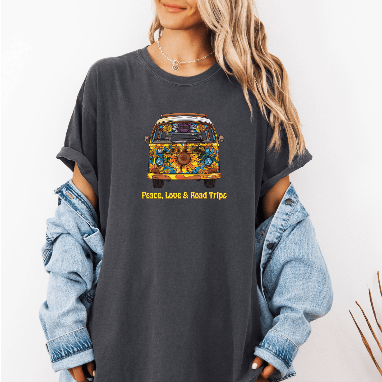 Peace Love & Road Trips Unisex T-shirt - Vintage Van Graphic and Sunflowers Design - EternalAscension