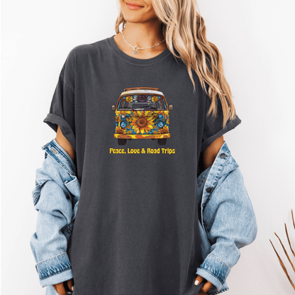 Peace Love & Road Trips Unisex T-shirt - Vintage Van Graphic and Sunflowers Design - EternalAscension