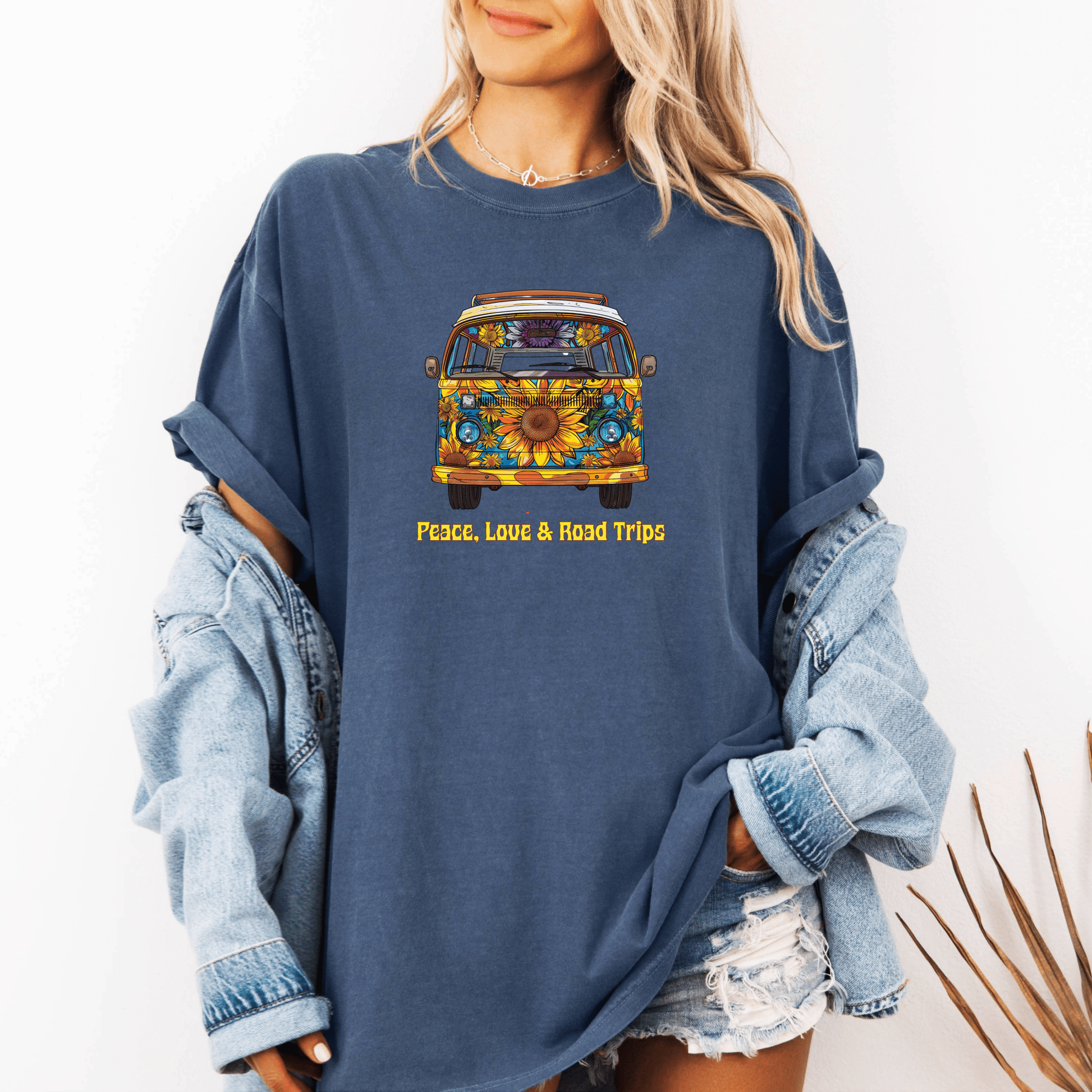 Peace Love & Road Trips Unisex T-shirt - Vintage Van Graphic and Sunflowers Design - EternalAscension