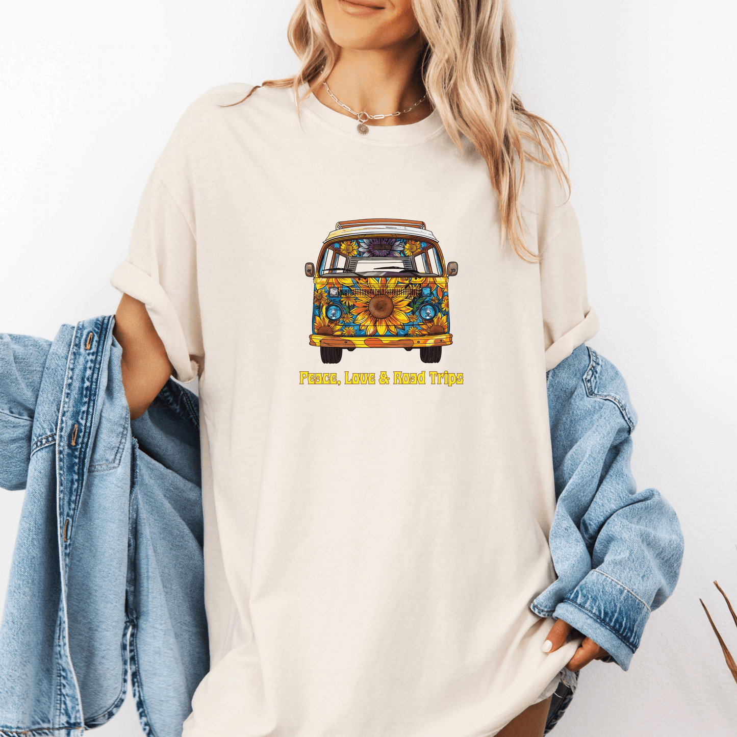 Peace Love & Road Trips Unisex T-shirt - Vintage Van Graphic and Sunflowers Design - EternalAscension