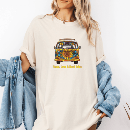 Peace Love & Road Trips Unisex T-shirt - Vintage Van Graphic and Sunflowers Design - EternalAscension