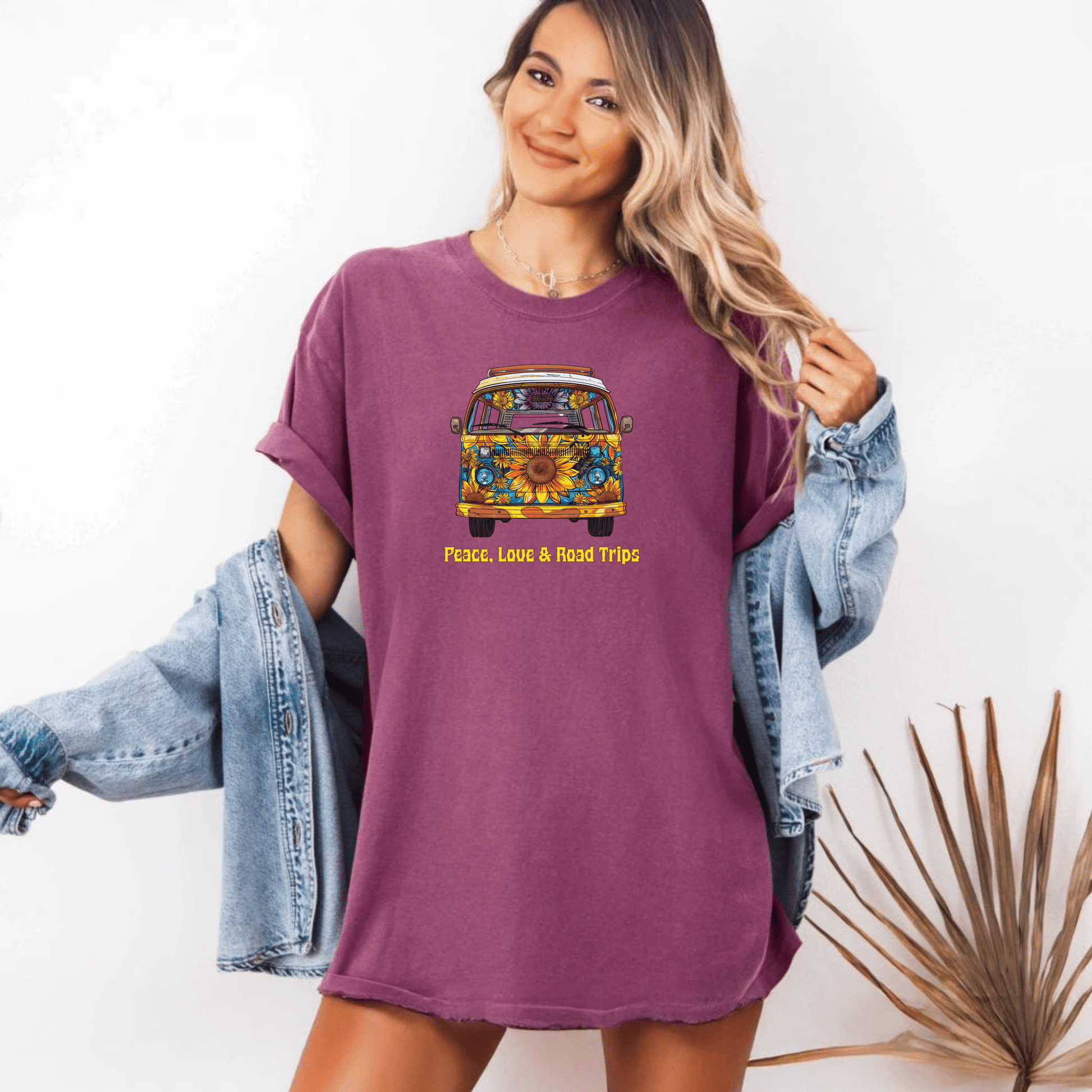 Peace Love & Road Trips Unisex T-shirt - Vintage Van Graphic and Sunflowers Design - EternalAscension