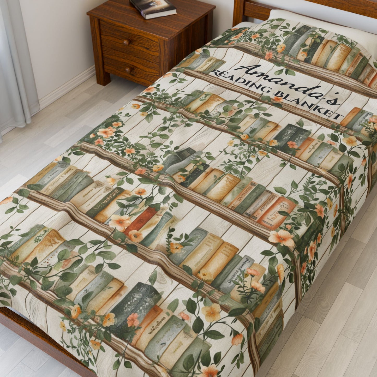 Personalized Velveteen Reading Blanket — Cozy Booklover Throw with Floral Bookshelf Design - EternalAscension