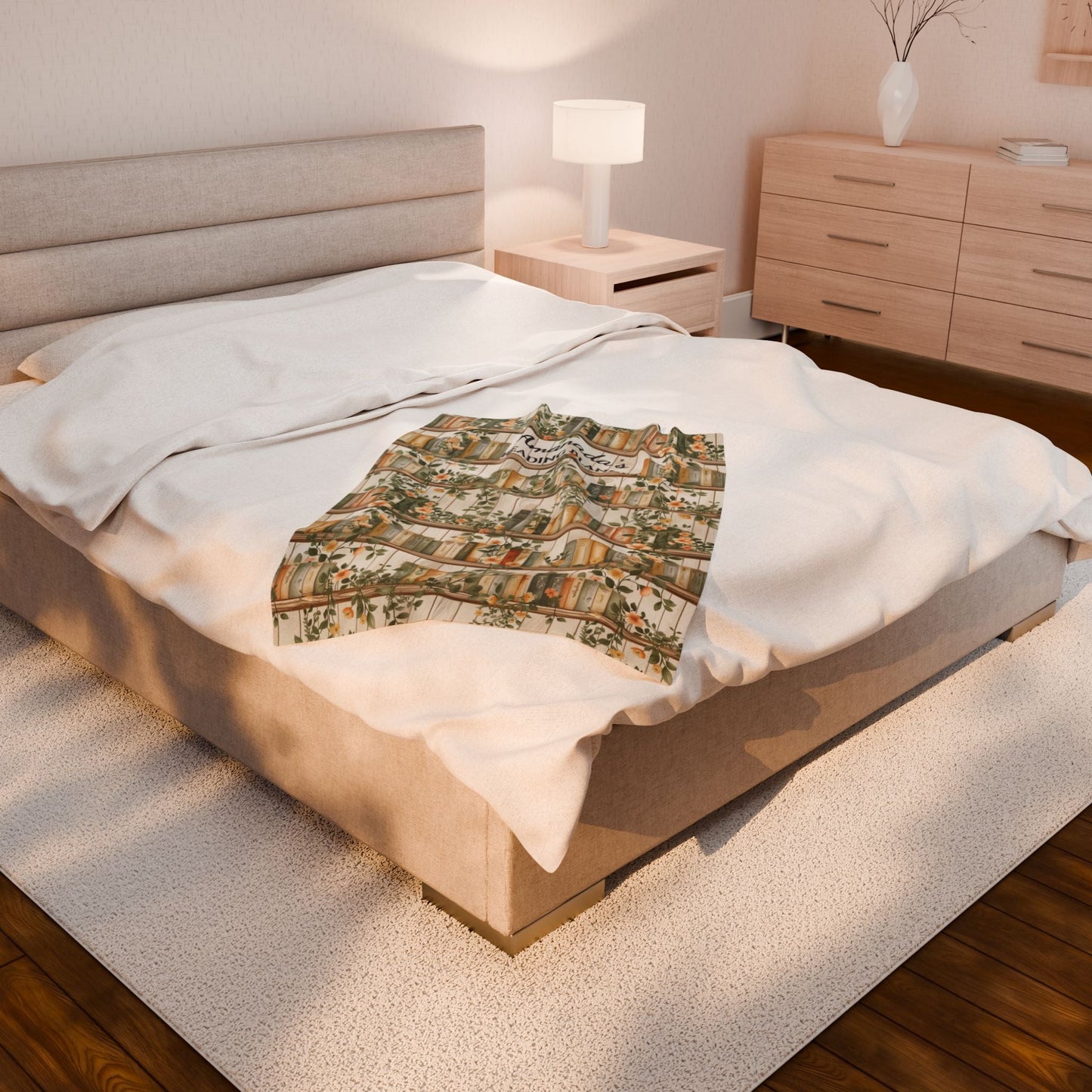 Personalized Velveteen Reading Blanket — Cozy Booklover Throw with Floral Bookshelf Design - EternalAscension