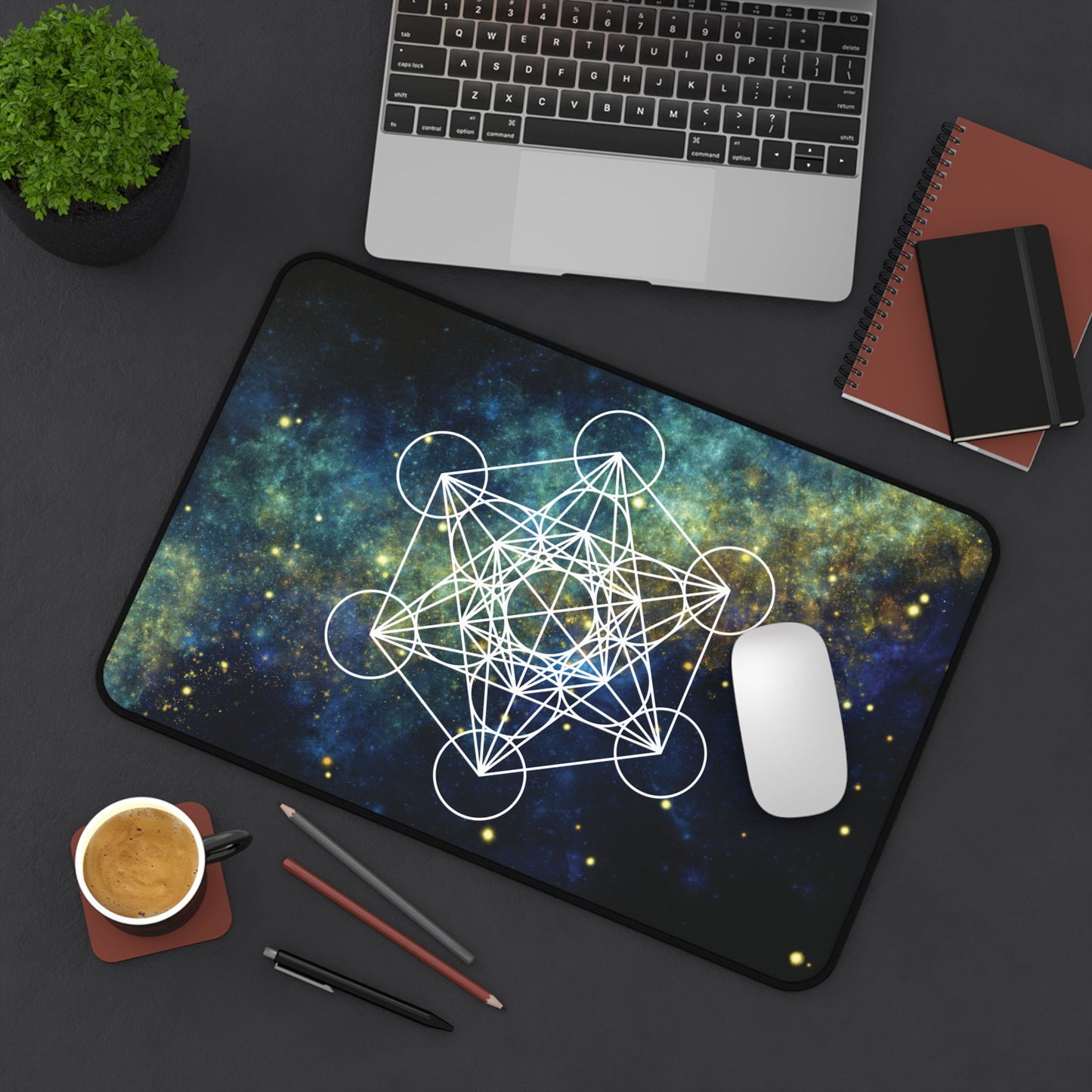 Sacred Geometry Celestial Desk Mat | Cosmic White Linework Mouse Pad - EternalAscension