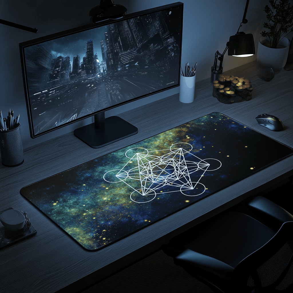 Sacred Geometry Celestial Desk Mat | Cosmic White Linework Mouse Pad - EternalAscension