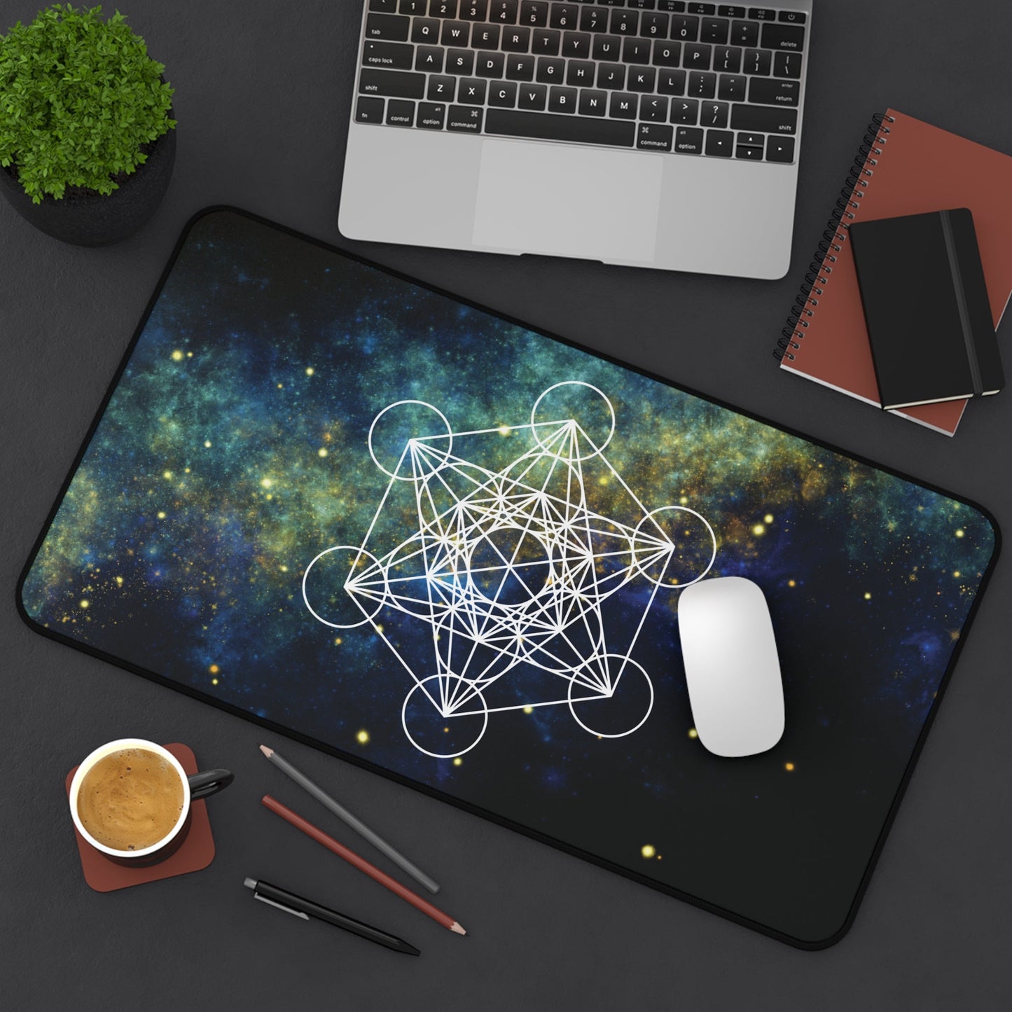 Sacred Geometry Celestial Desk Mat | Cosmic White Linework Mouse Pad - EternalAscension