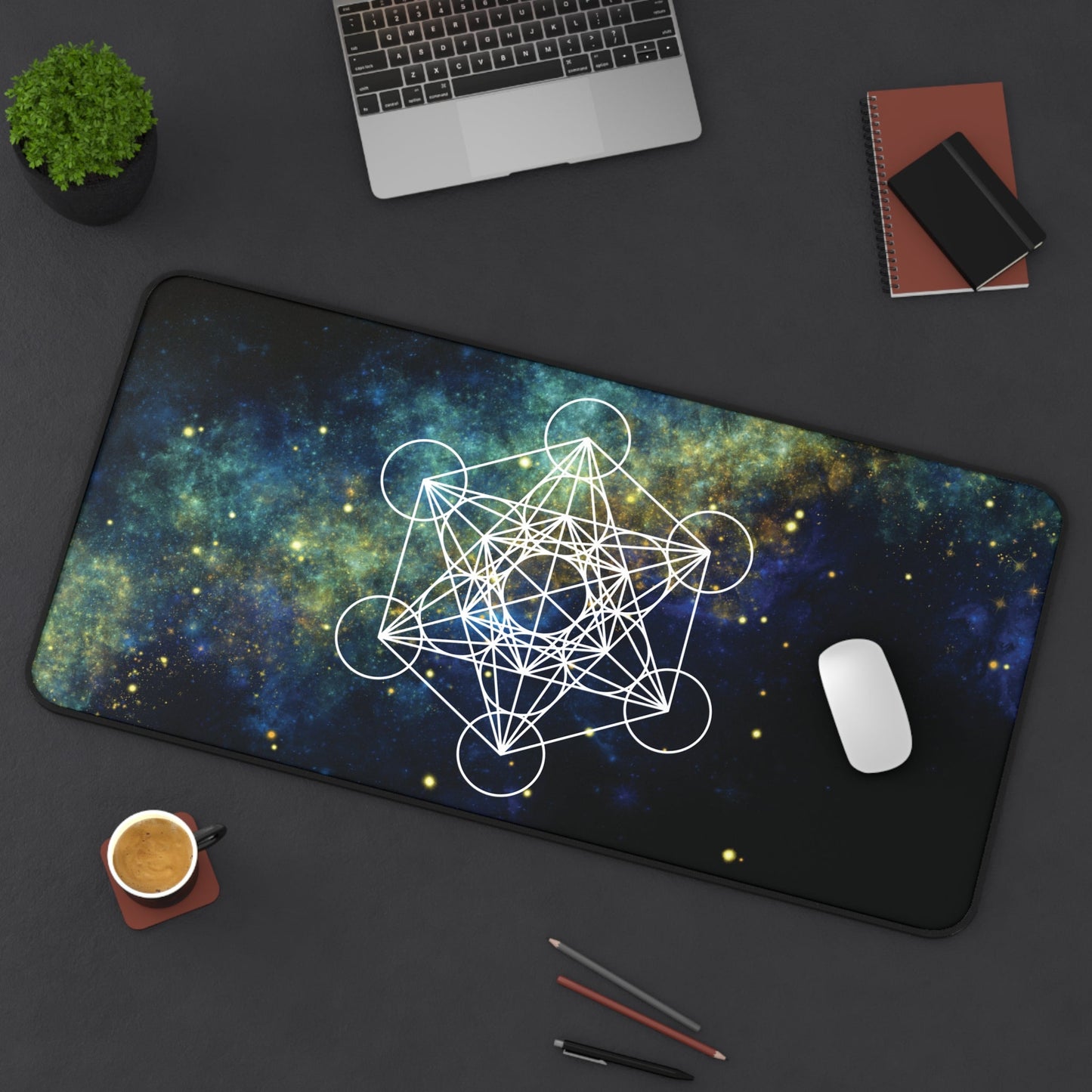Sacred Geometry Celestial Desk Mat | Cosmic White Linework Mouse Pad - EternalAscension