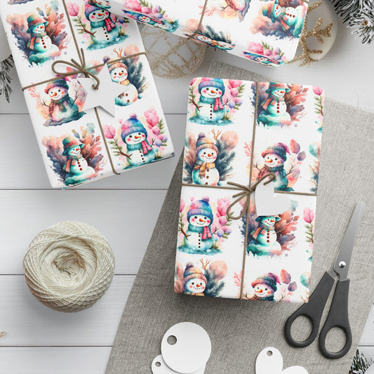 Snowmen Watercolor Wrapping Paper, Festive Holiday Gift Wrap, Christmas Present Packaging, Custom Gift Wrap, High - Quality Paper Roll, - EternalAscension