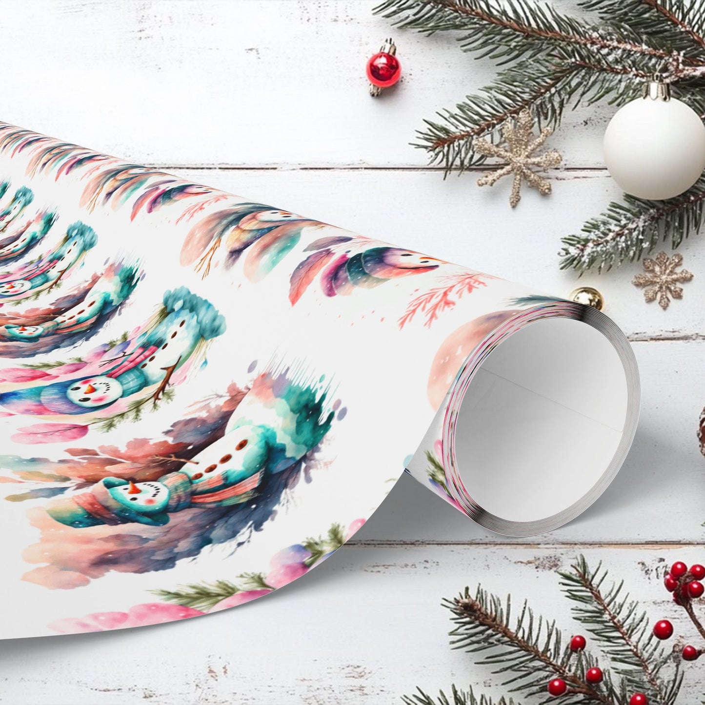 Snowmen Watercolor Wrapping Paper, Festive Holiday Gift Wrap, Christmas Present Packaging, Custom Gift Wrap, High - Quality Paper Roll, - EternalAscension