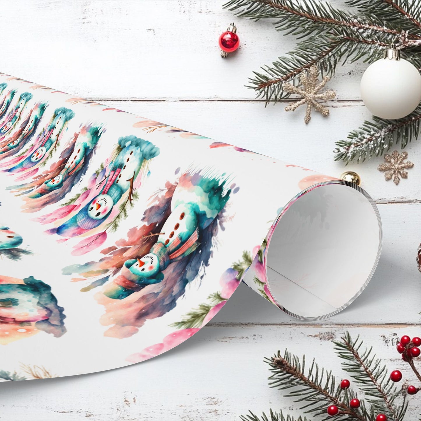 Snowmen Watercolor Wrapping Paper, Festive Holiday Gift Wrap, Christmas Present Packaging, Custom Gift Wrap, High - Quality Paper Roll, - EternalAscension