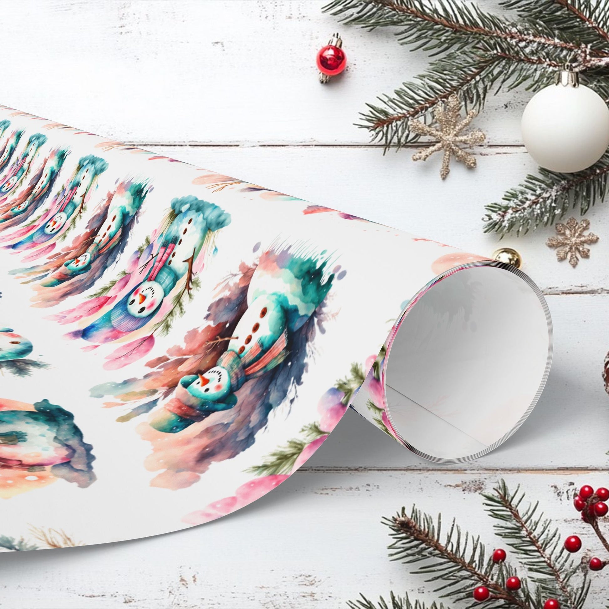 Snowmen Watercolor Wrapping Paper, Festive Holiday Gift Wrap, Christmas Present Packaging, Custom Gift Wrap, High - Quality Paper Roll, - EternalAscension
