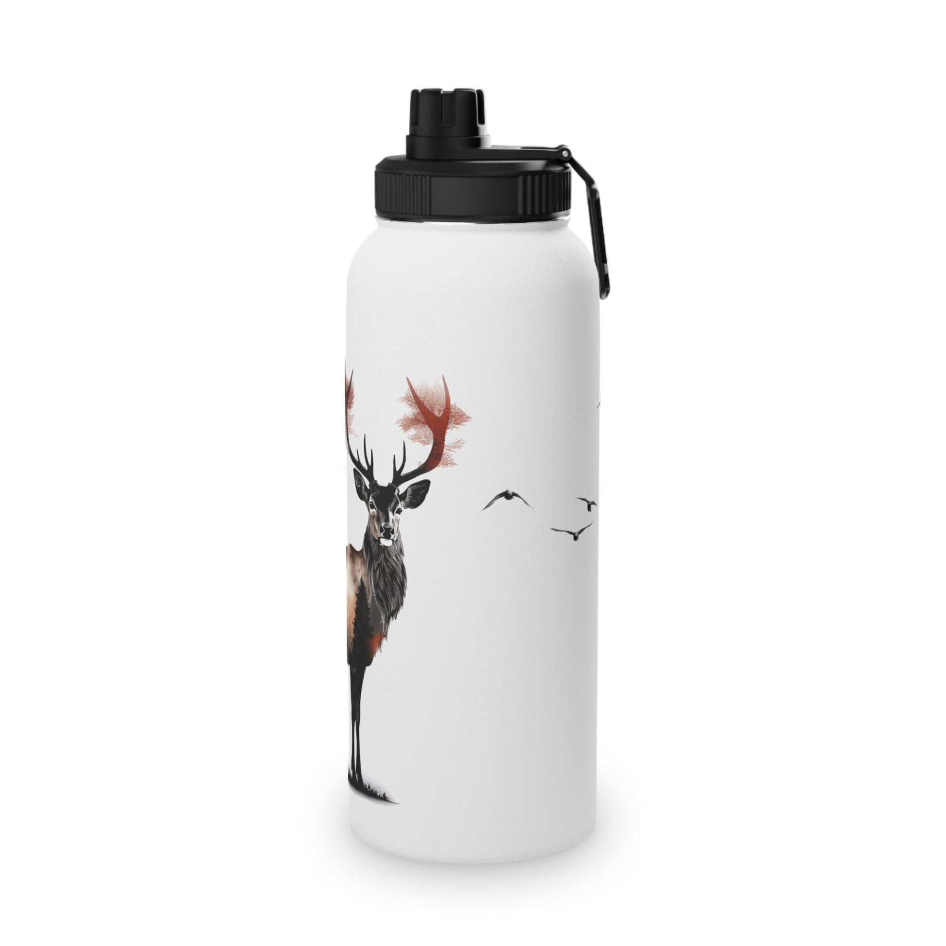 Stainless Steel Water Bottle, Sports Lid - Majestic Stag Forest Landscape Design - EternalAscension