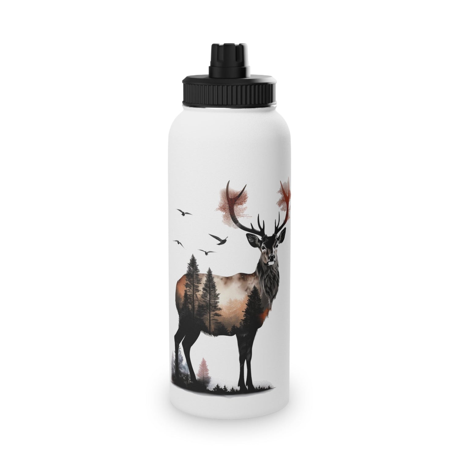 Stainless Steel Water Bottle, Sports Lid - Majestic Stag Forest Landscape Design - EternalAscension