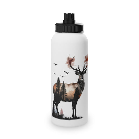 Stainless Steel Water Bottle, Sports Lid - Majestic Stag Forest Landscape Design - EternalAscension